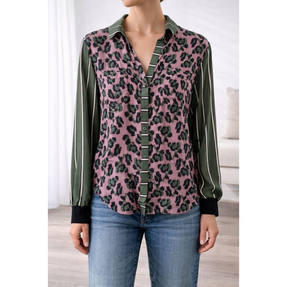 Anthropologie Tiny Mixed Print Long Sleeve Button Front Top M
